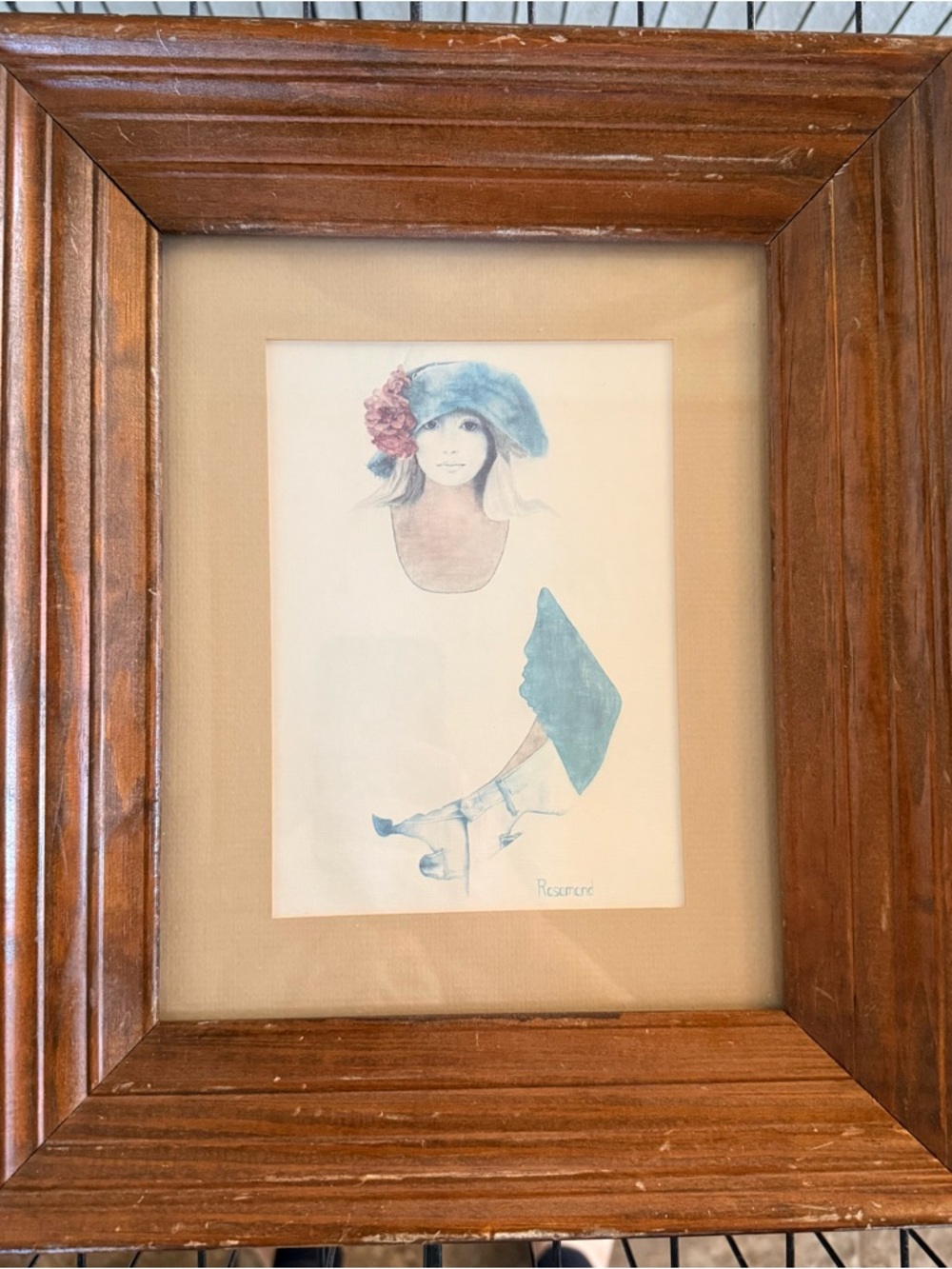 Framed Vintage Illustration of Woman in Blue Hat